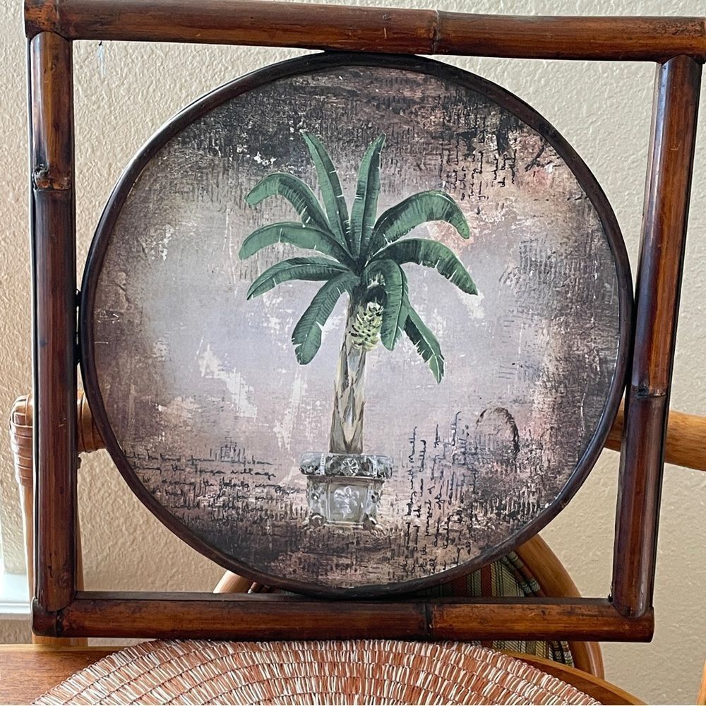 Bamboo Frame Decoupaged Print Palm Tree Wall Decor Brown Green Gray